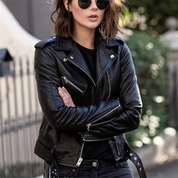 Motorcycle Jacket with Slanted Zipper and Snap Collar, Adjustable Zip Cuffs