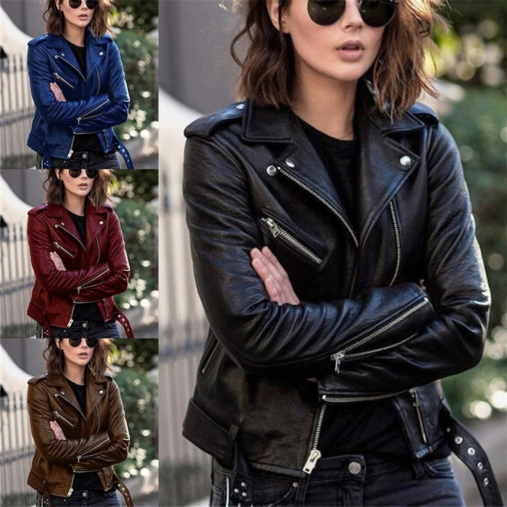 Motorcycle Jacket with Slanted Zipper and Snap Collar, Adjustable Zip Cuffs