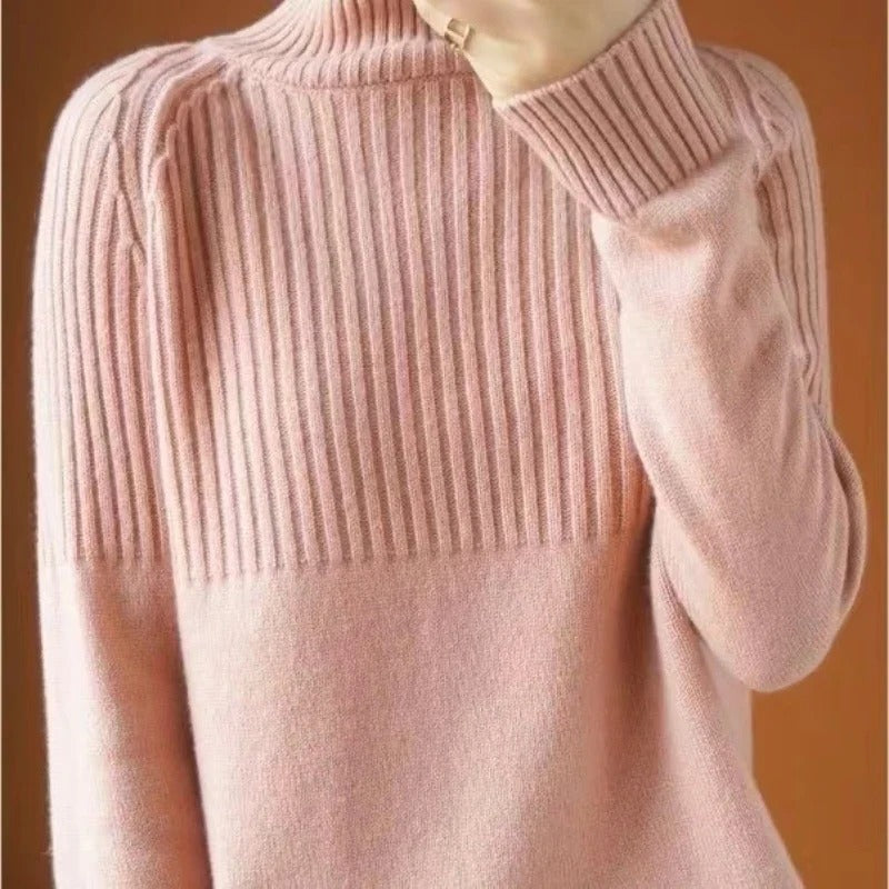 Women's Turtleneck Knit Sweater with Ribbed Cuffs and Long Sleeves