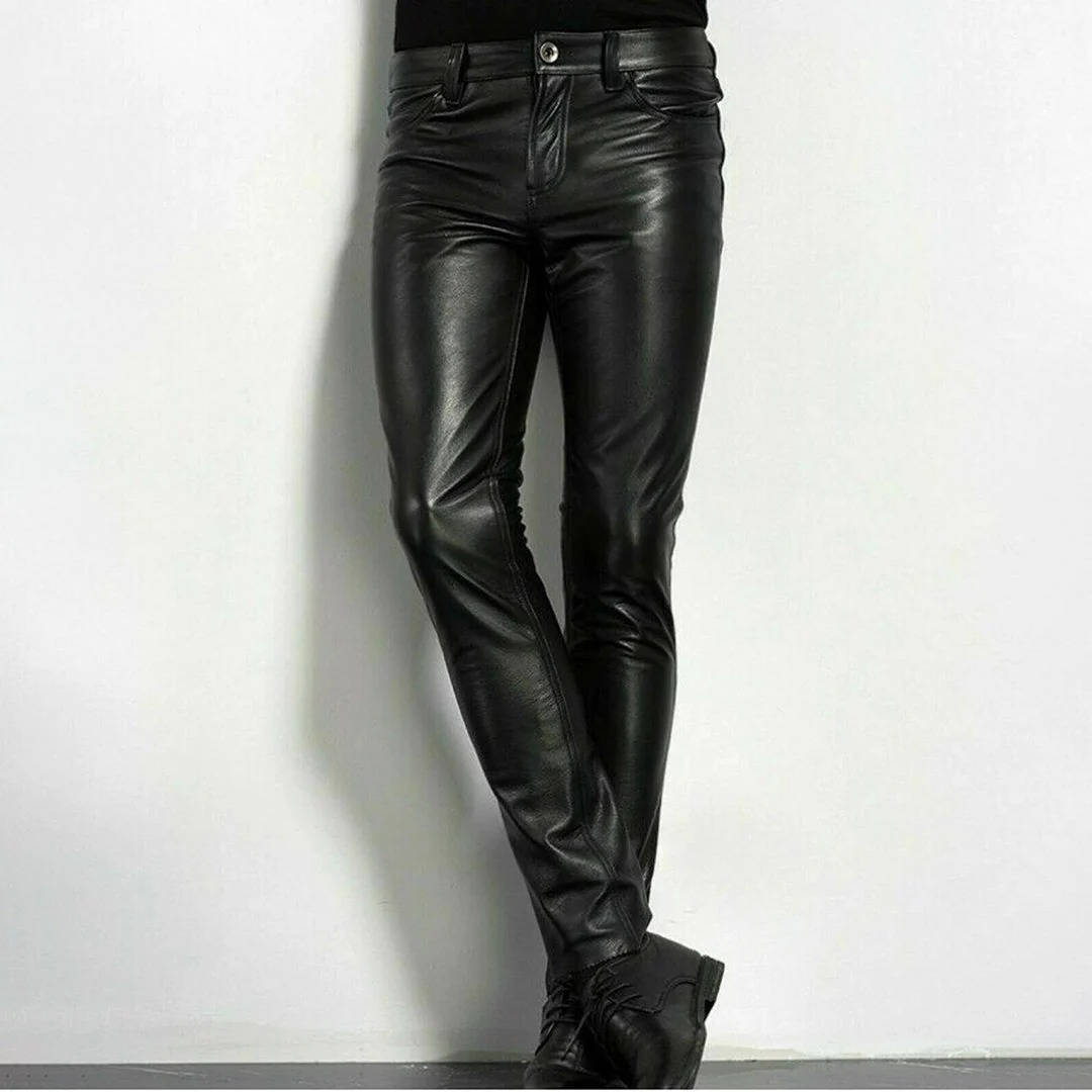 Black Faux Leather Pants with Spandex Stretch and Low Rise Waistline
