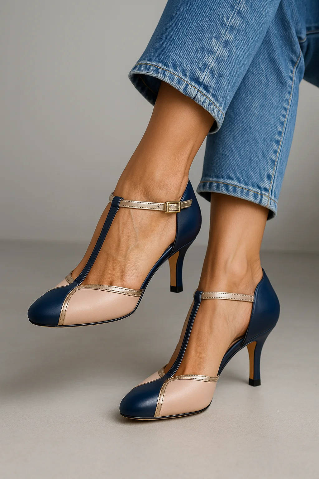 Women’s Vintage T-Strap Heels with Rounded Toe and Slim Heel