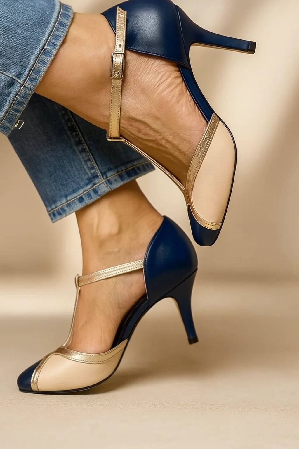 Women’s Vintage T-Strap Heels with Rounded Toe and Slim Heel