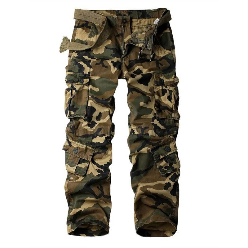 Cargo Pants for Men with Eight Pockets and Drawstring Leg Openings, Camouflage Ripstop