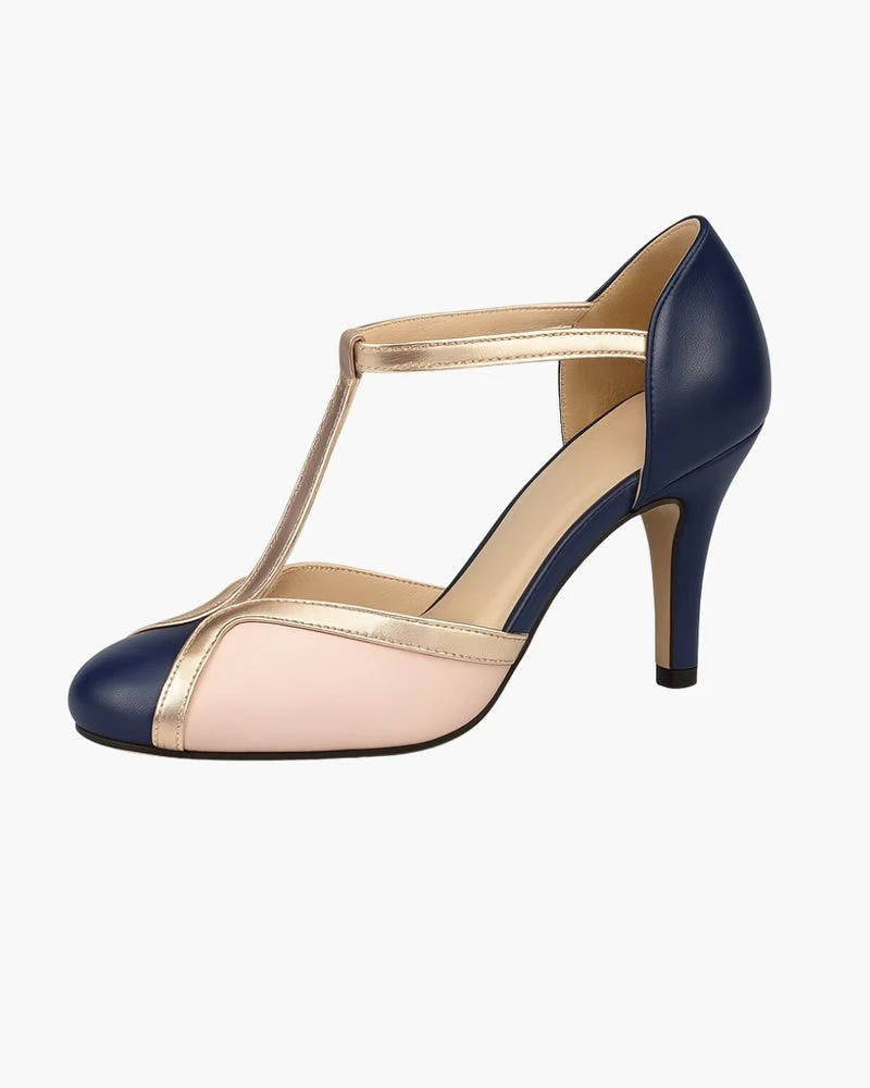 Women’s Vintage T-Strap Heels with Rounded Toe and Slim Heel