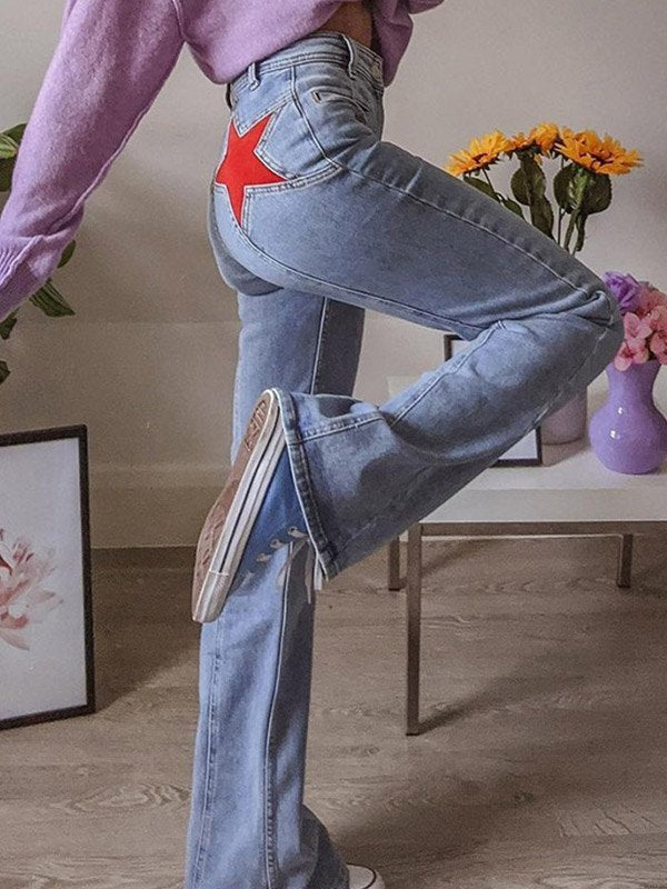 Flare Jeans High Waist - Back Star Patch - Retro Inspired Casual Denim Pants
