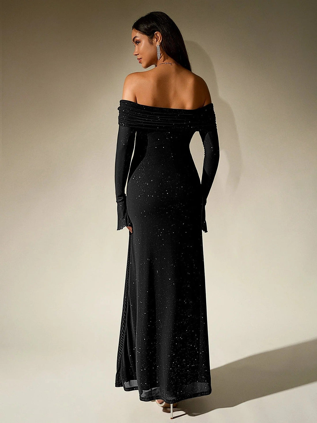 Women's Glitter Mesh Off Shoulder Maxi Dress - Long Sleeve Bodycon with Folded Bardot Neckline - Formal Evening Wear