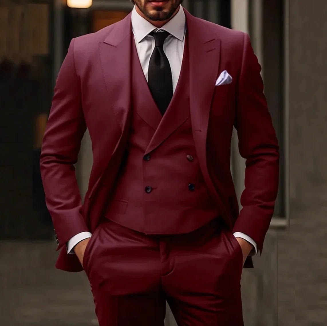 Three Piece Formal Suit with Stretch Shoulder Panels and Peak Lapels, Slim Fit