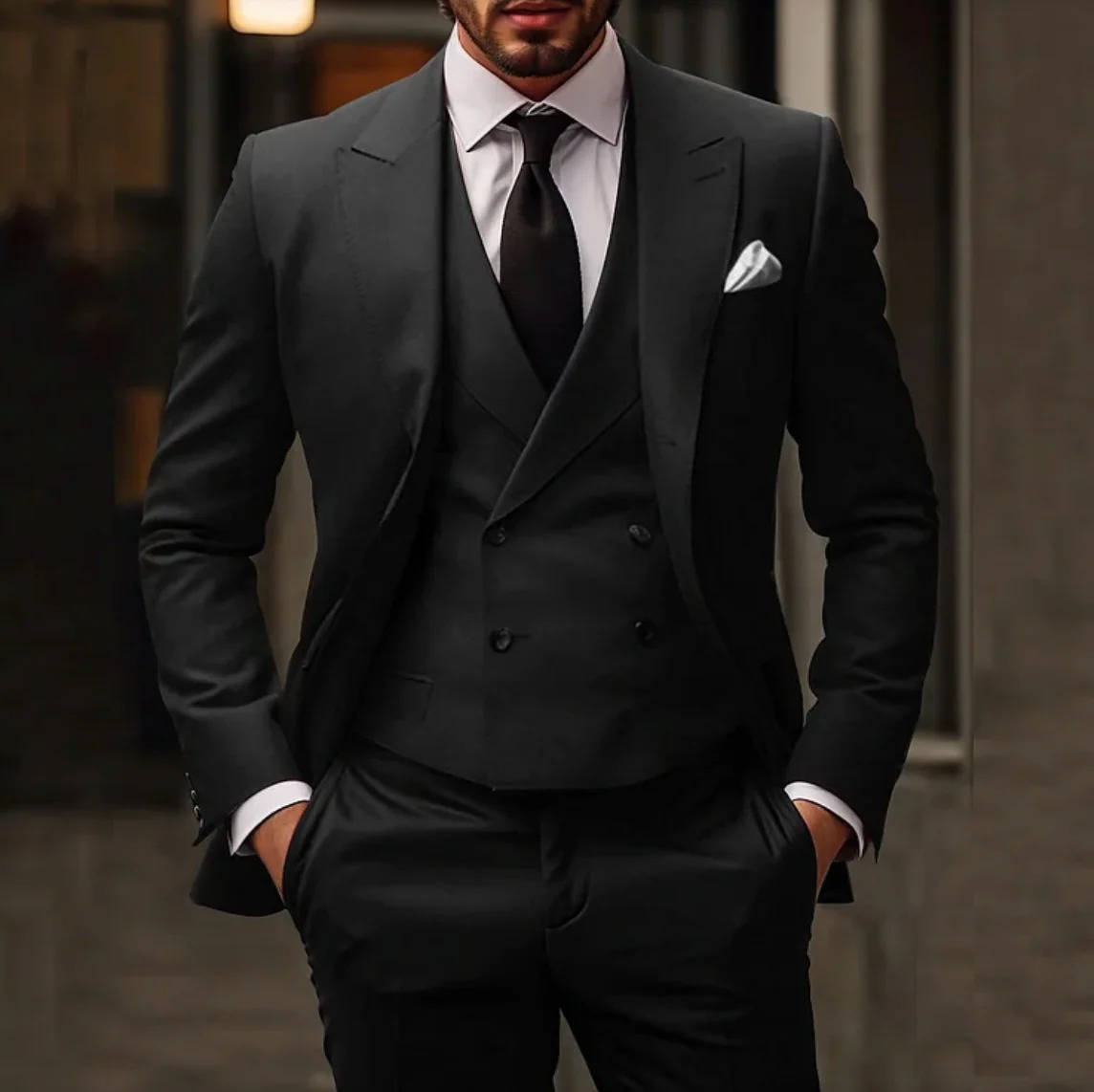 Three Piece Formal Suit with Stretch Shoulder Panels and Peak Lapels, Slim Fit