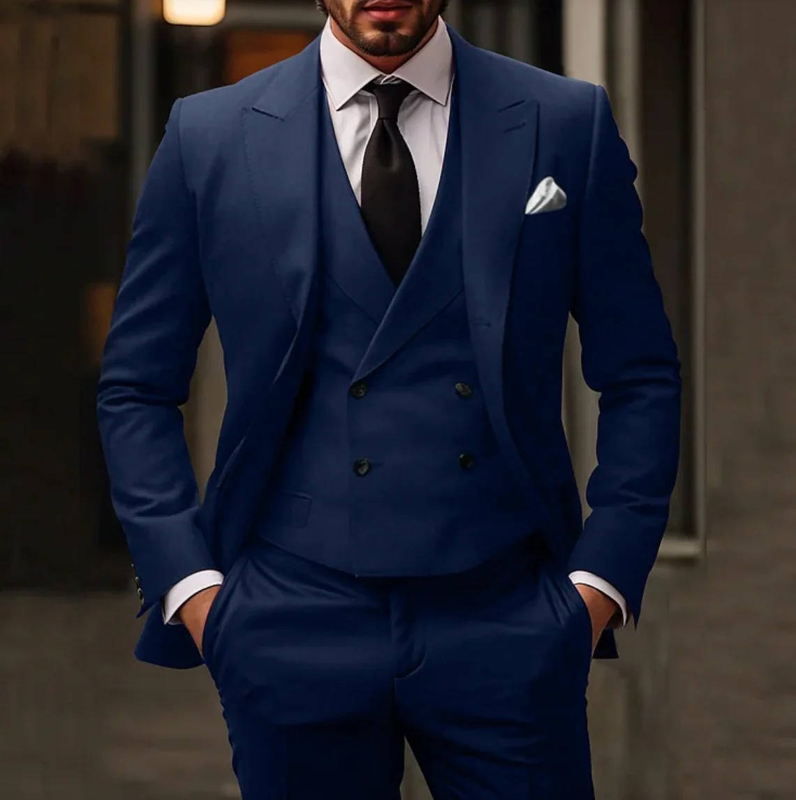 Three Piece Formal Suit with Stretch Shoulder Panels and Peak Lapels, Slim Fit