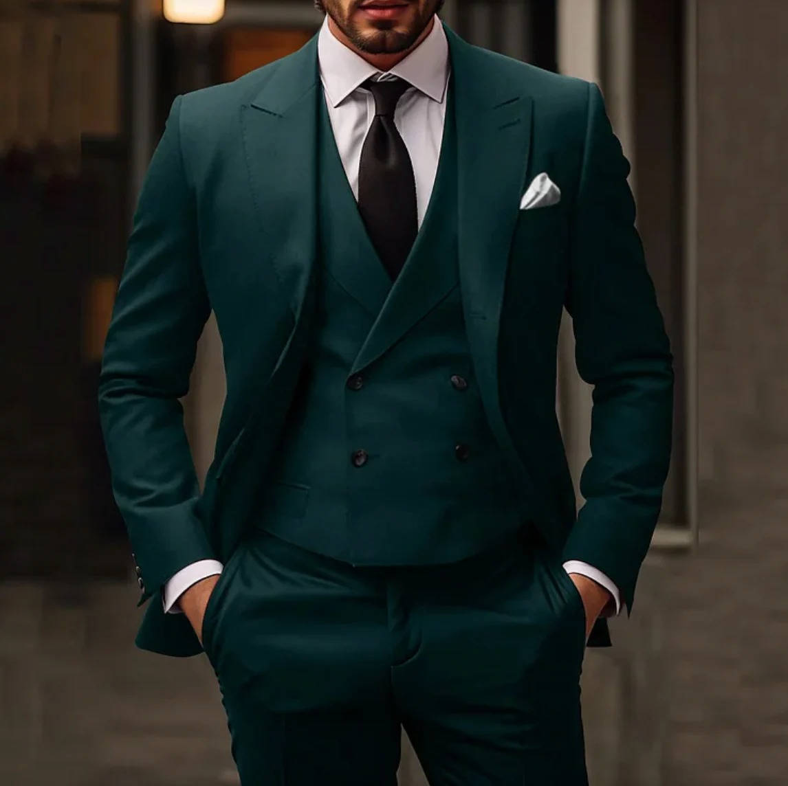 Three Piece Formal Suit with Stretch Shoulder Panels and Peak Lapels, Slim Fit