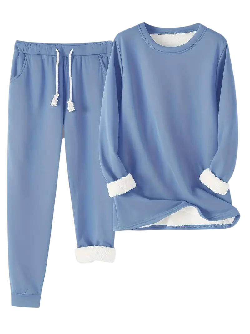 Two Piece Fleece Lined Sweatsuit with Crewneck Top and Drawstring Pants