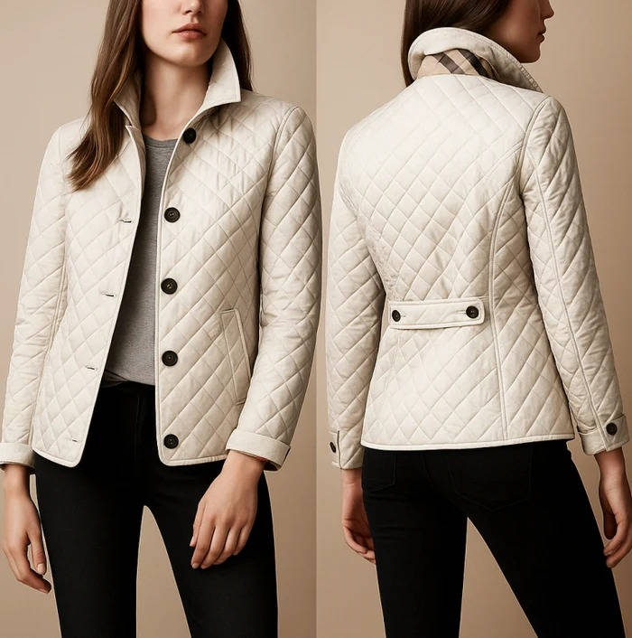 Quilted Jacket with Stand Collar and Check Lining for Women, Hip Length