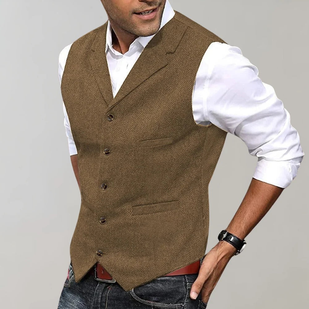 Herringbone Pattern Vest with V Neck and Adjustable Back Strap for Formal Events
