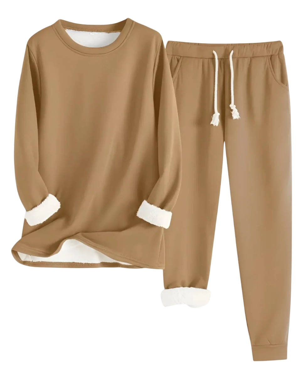 Two Piece Fleece Lined Sweatsuit with Crewneck Top and Drawstring Pants