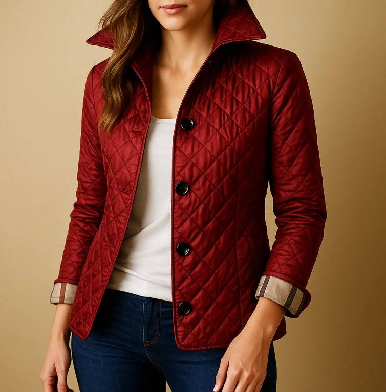 Quilted Jacket with Stand Collar and Check Lining for Women, Hip Length