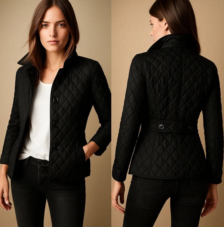 Quilted Jacket with Stand Collar and Check Lining for Women, Hip Length