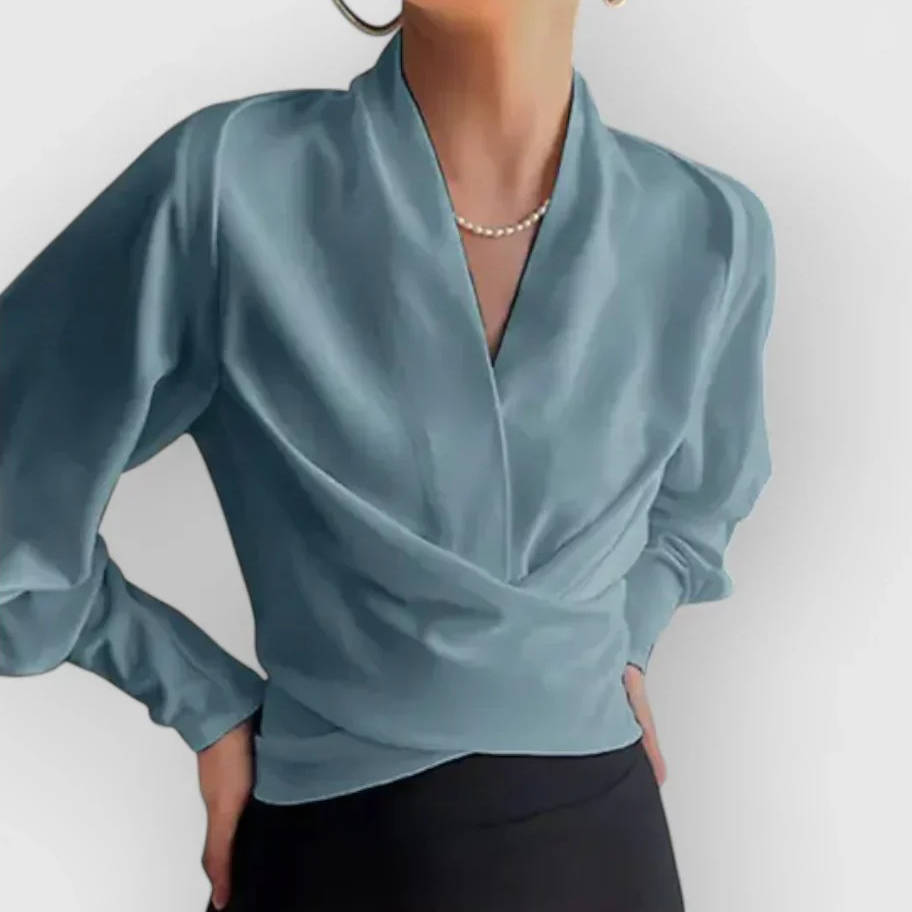 Satin Blouse with V Neckline and Back Zipper for Women, Long Sleeve