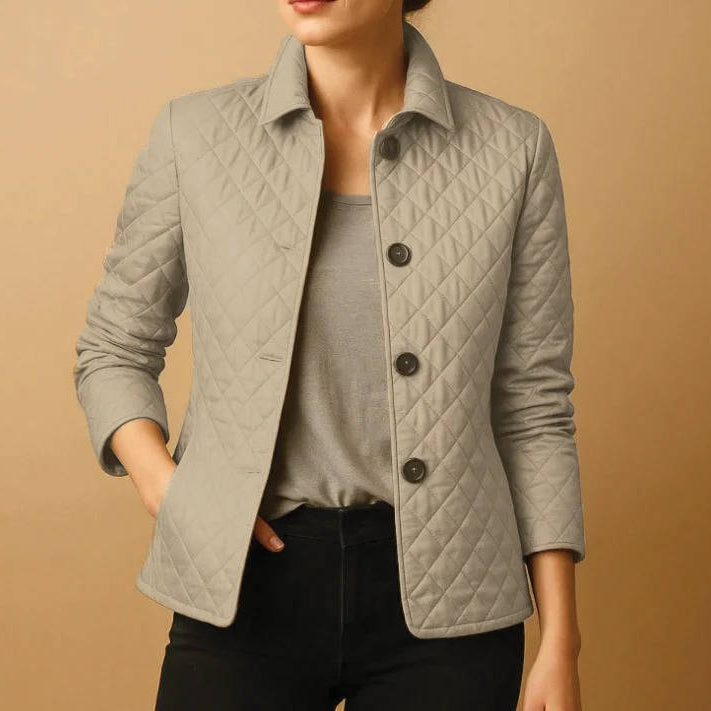 Quilted Jacket with Stand Collar and Check Lining for Women, Hip Length