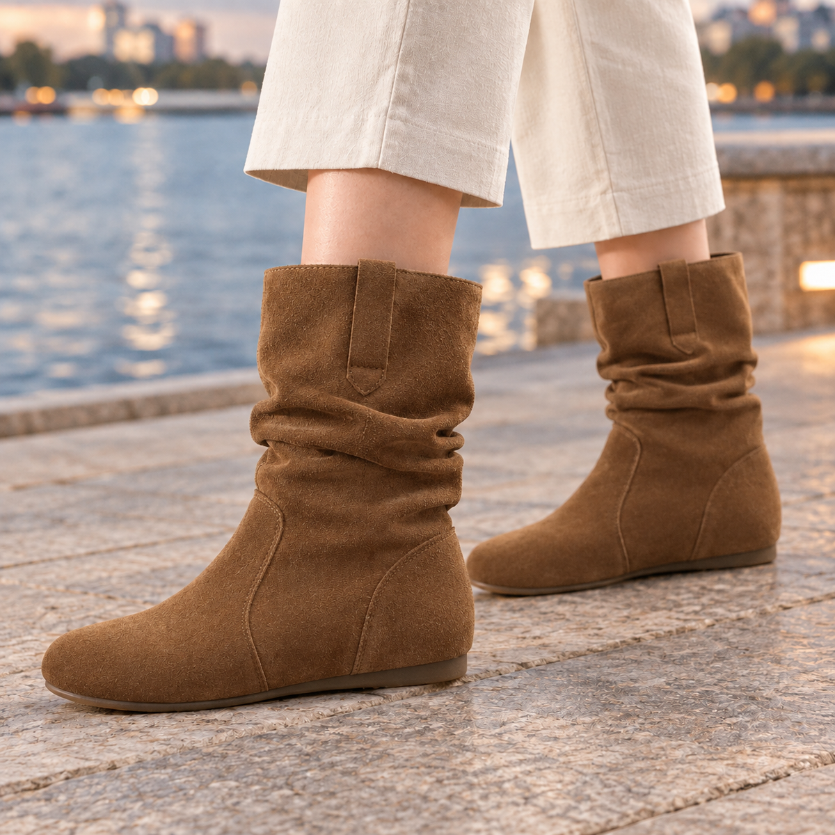 Ruched mid-calf slouch boots - Light Brown