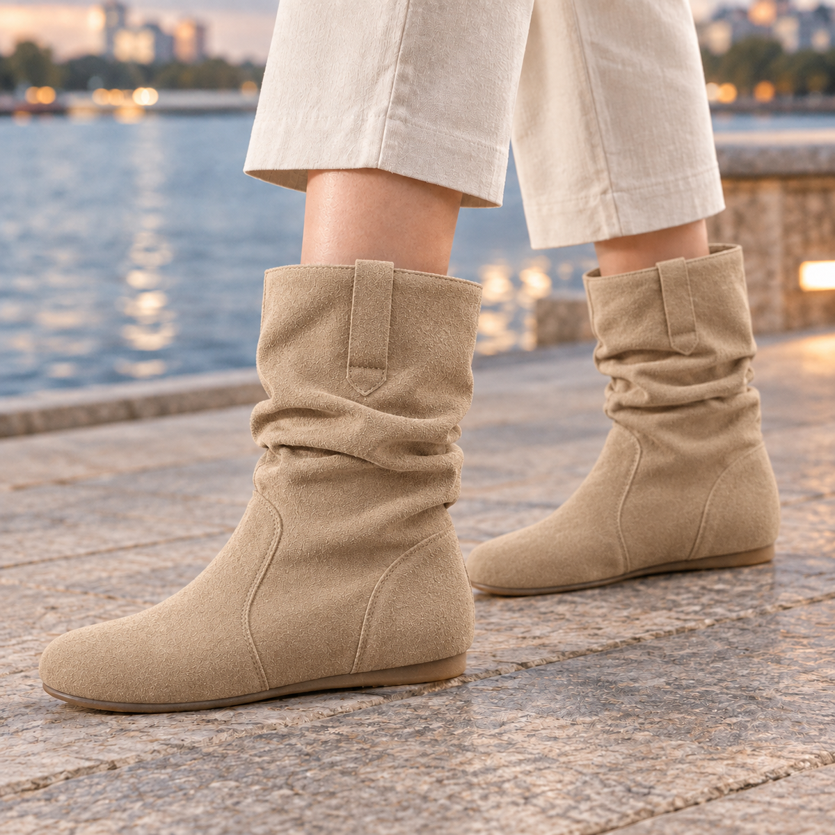 Ruched mid-calf slouch boots - Apricot