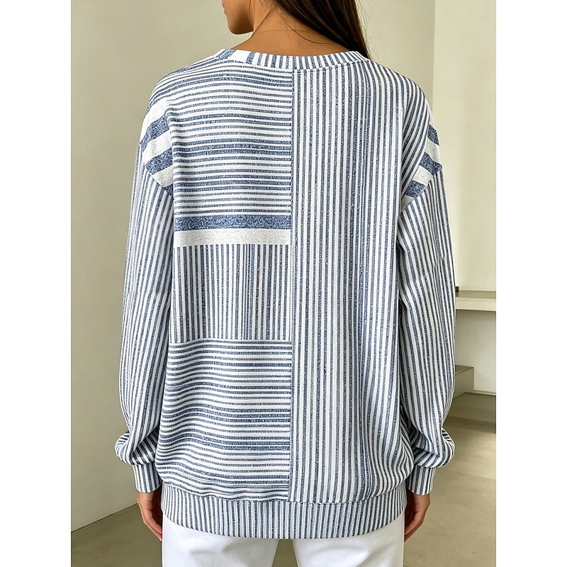 Striped Crew Neck Sweatshirt with Relaxed Fit and Ribbed Trim