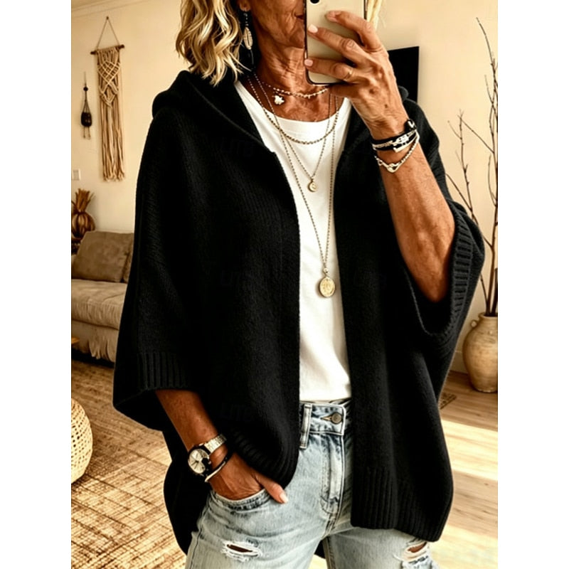 Open Front Hooded Cardigan with Three Quarter Sleeves and Textured Knit