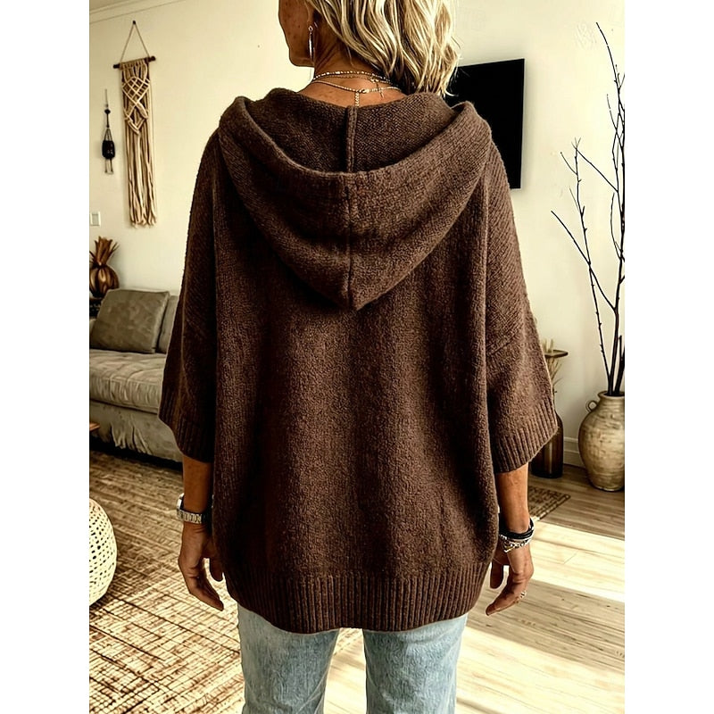 Open Front Hooded Cardigan with Three Quarter Sleeves and Textured Knit