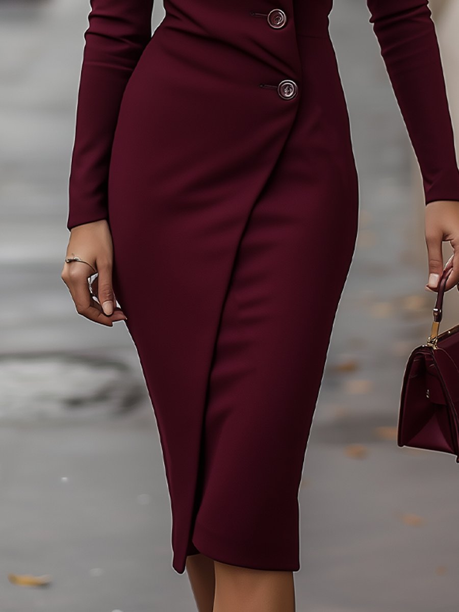 Damen Midikleid mit V-Ausschnitt, langen Ärmeln und Knopfdetail in der Taille