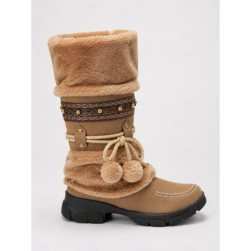 Slip On Mid Calf Boots with Faux Fur Cuff and Braided Pom Pom Trim