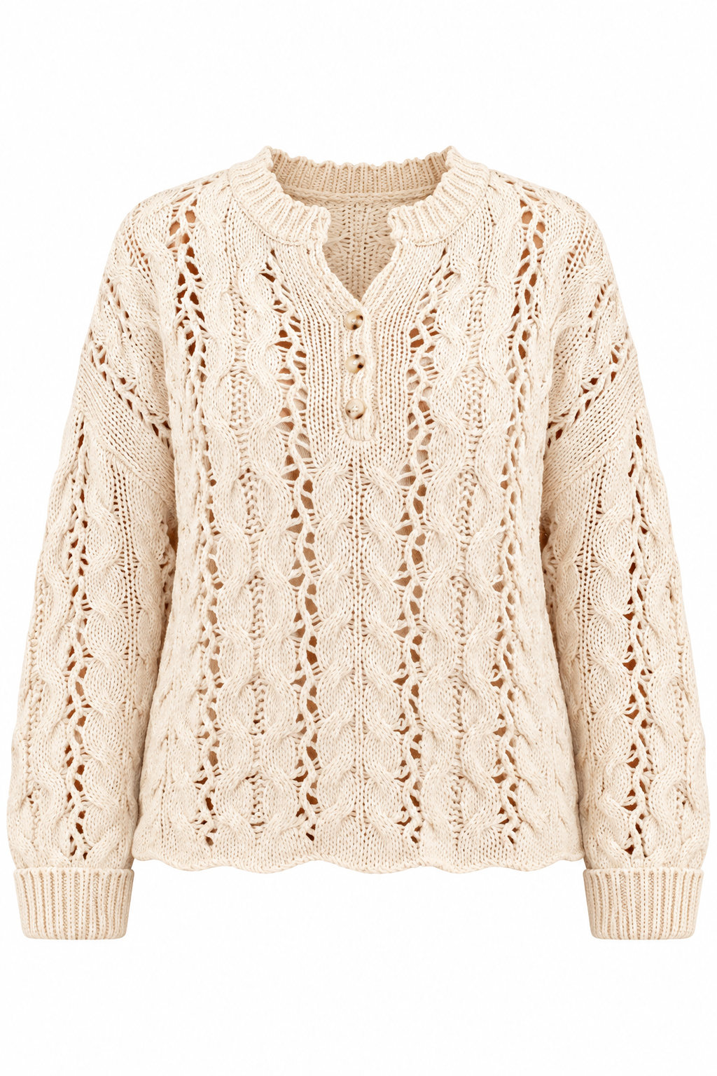 Cable Knit Pullover with Henley Buttons and Drop Shoulders, 18-19.5in Length