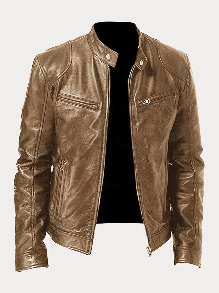 Hip Length Jacket with Metal Zipper and Snap Tab Collar, Fitted Cuffs