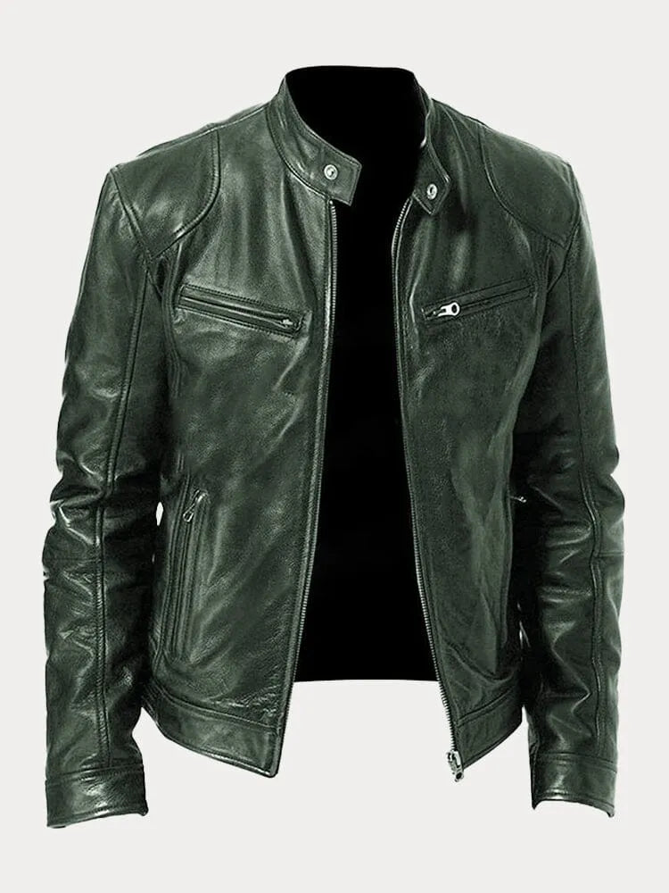Hip Length Jacket with Metal Zipper and Snap Tab Collar, Fitted Cuffs
