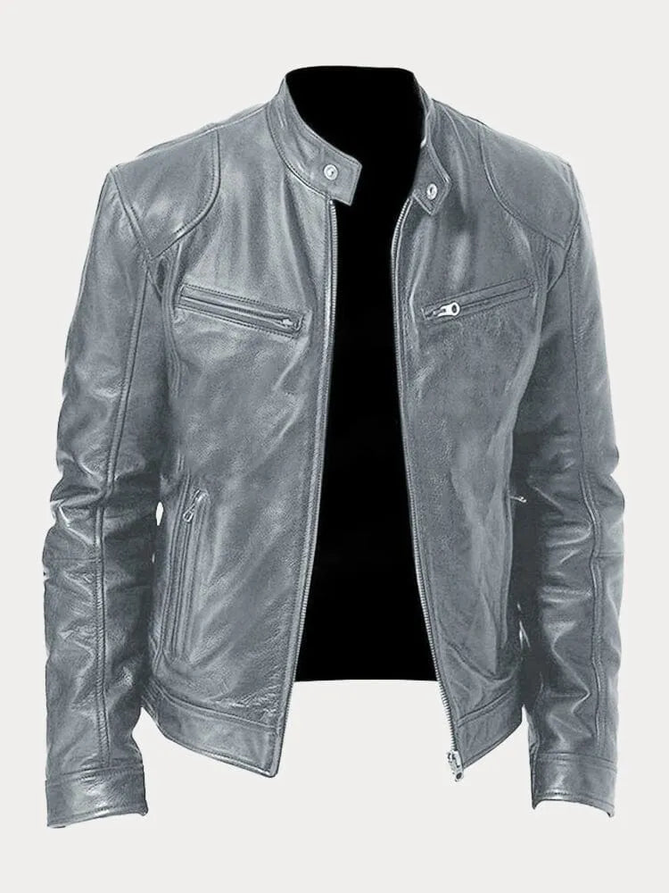 Hip Length Jacket with Metal Zipper and Snap Tab Collar, Fitted Cuffs