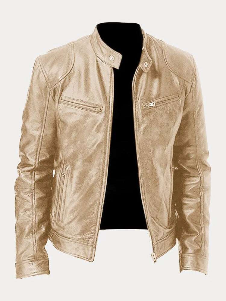 Hip Length Jacket with Metal Zipper and Snap Tab Collar, Fitted Cuffs
