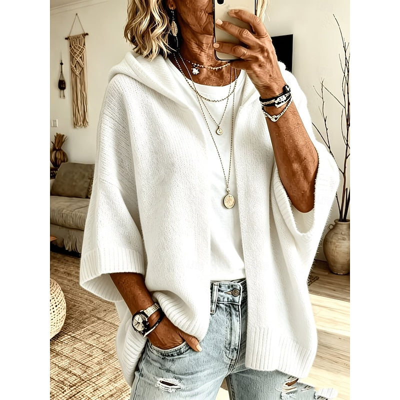 Open Front Hooded Cardigan with Three Quarter Sleeves and Textured Knit