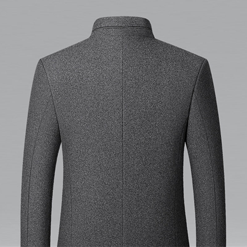 Men's Overcoat with Insulated Lining and Stand Collar, Mid-Thigh Length