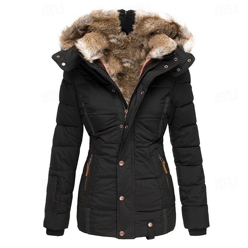 Hooded Winter Jacket with Padded Insulation and Detachable Fur-Trimmed Hood, Zip-Button Closure