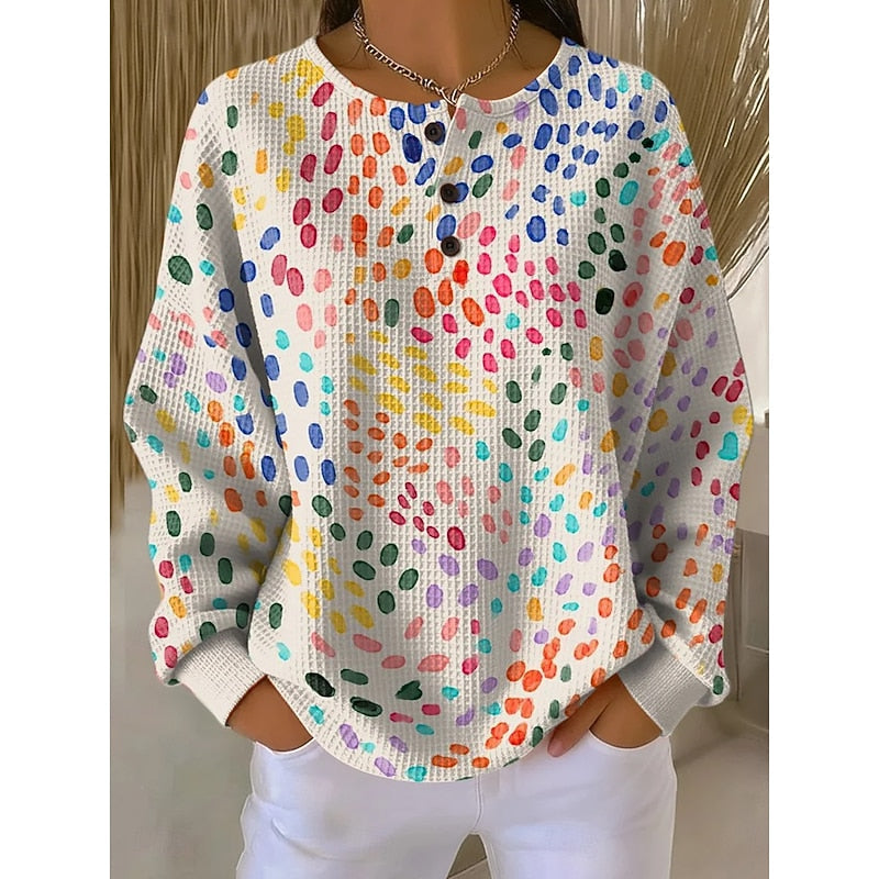 Textured Knit Pullover with Artistic Print and Button Placket, Crew Neckline