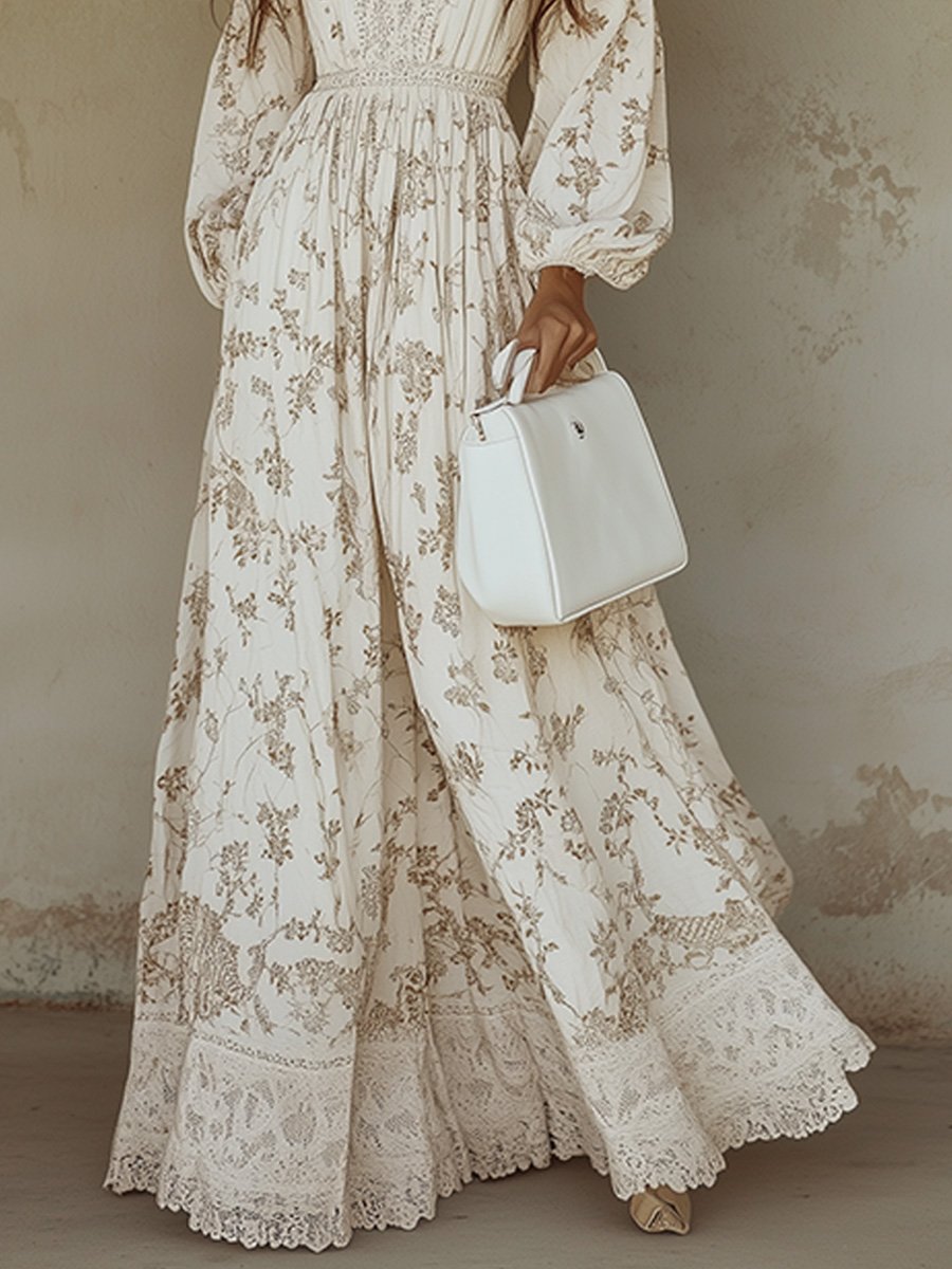 Women’s Boho Floral Maxi Dress with Long Sleeves Deep V Neck and Flowing Silhouette