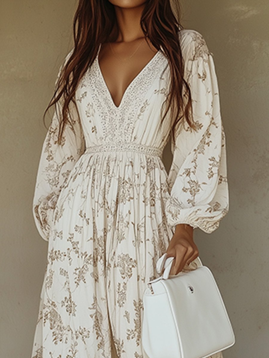 Women’s Boho Floral Maxi Dress with Long Sleeves Deep V Neck and Flowing Silhouette