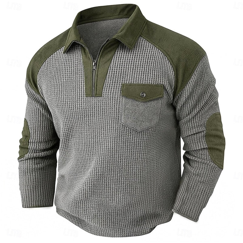 Textured Quarter Zip Pullover with Elbow Patches and Chest Pocket, Ribbed Cuffs