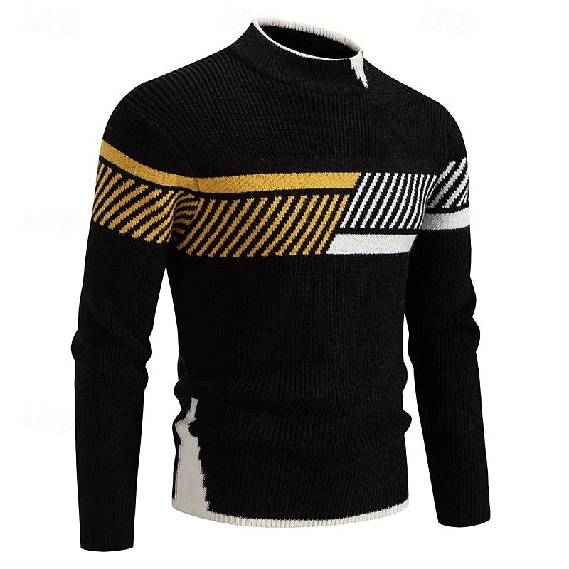 Crew Neck Pullover Sweater with Colour Block Panels and Ribbed Knit