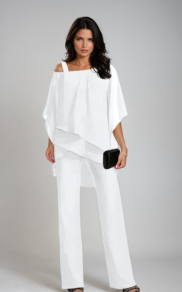 Cascading Tiered Top with Wide Leg Pants and Relaxed Fit, Two Piece Set