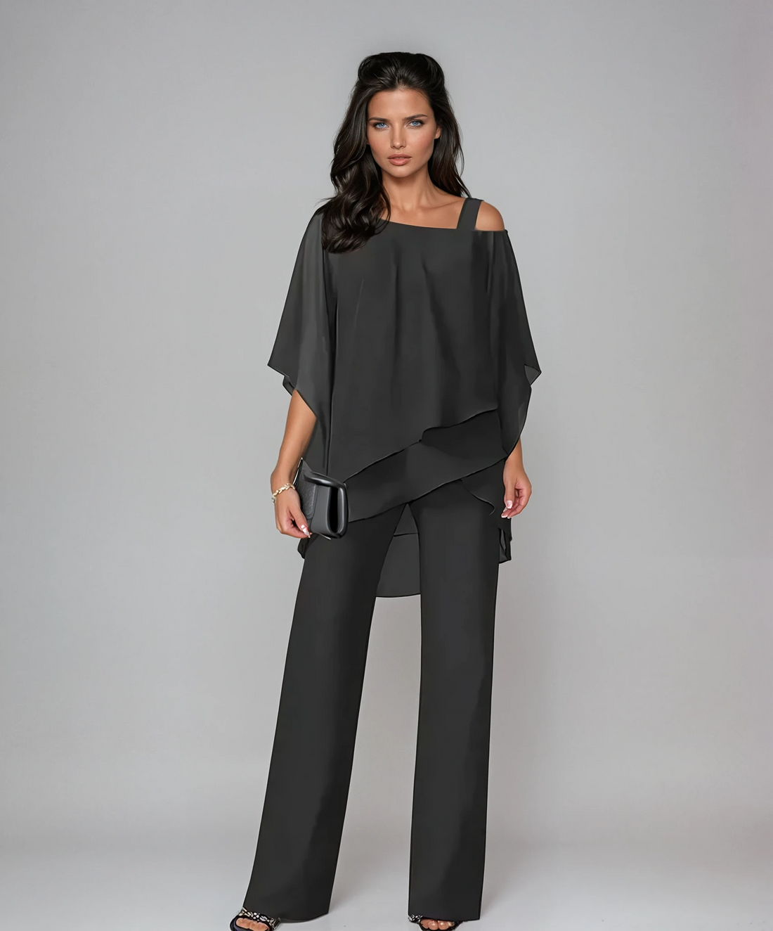 Cascading Tiered Top with Wide Leg Pants and Relaxed Fit, Two Piece Set