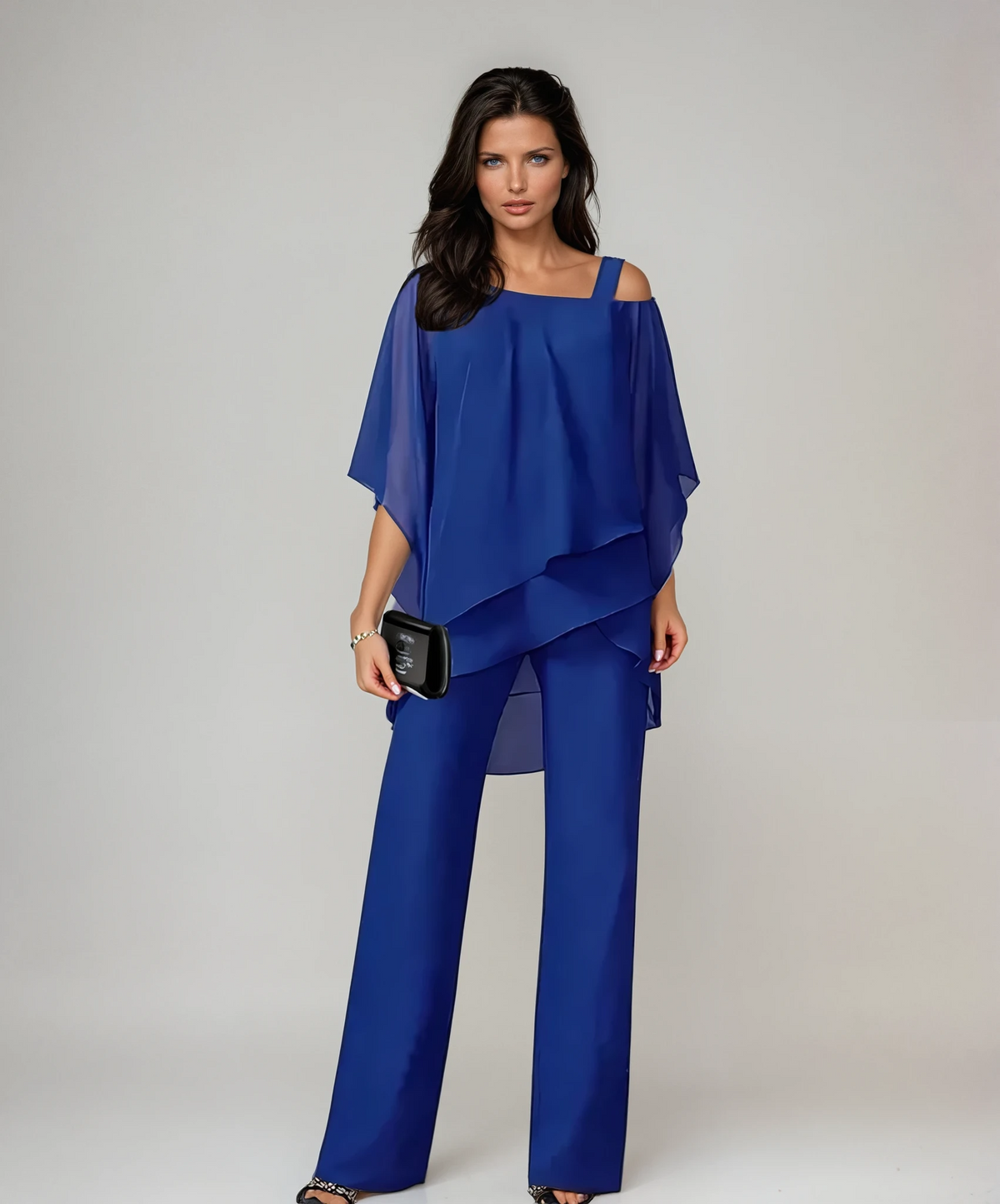 Cascading Tiered Top with Wide Leg Pants and Relaxed Fit, Two Piece Set