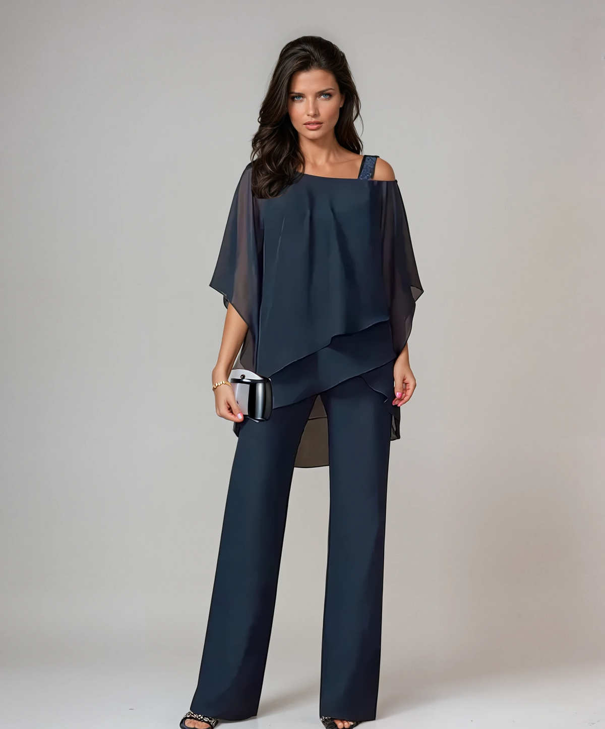 Cascading Tiered Top with Wide Leg Pants and Relaxed Fit, Two Piece Set