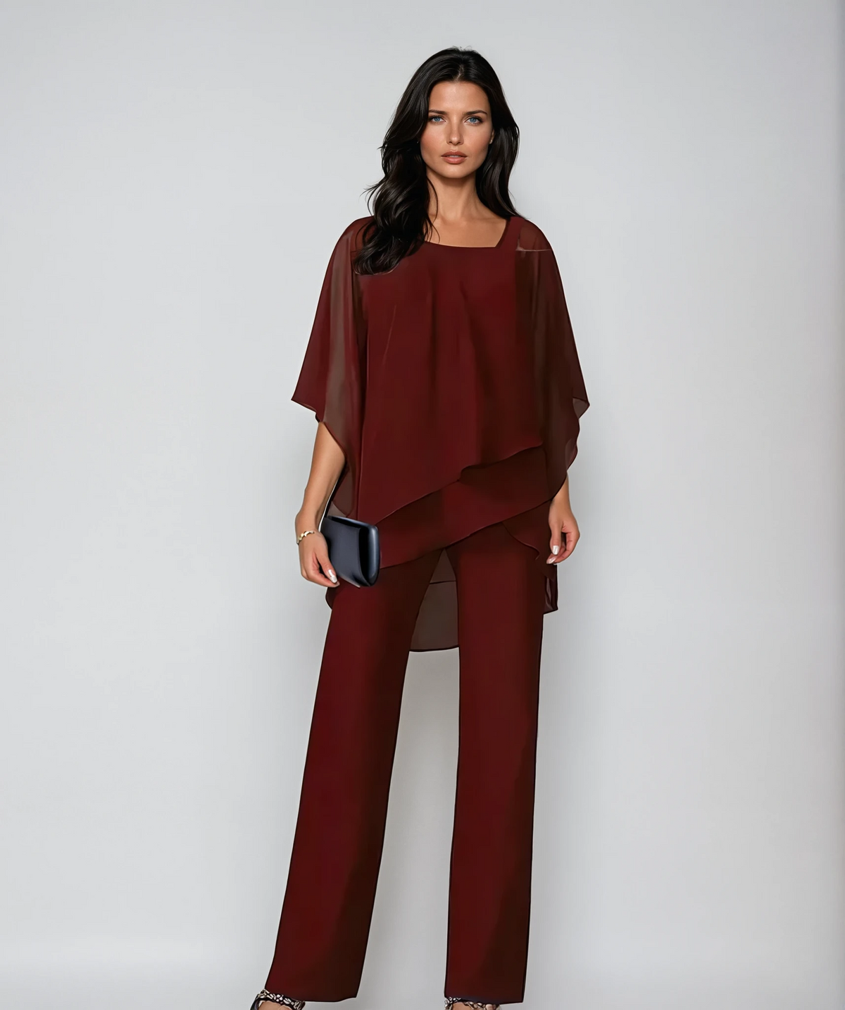 Cascading Tiered Top with Wide Leg Pants and Relaxed Fit, Two Piece Set