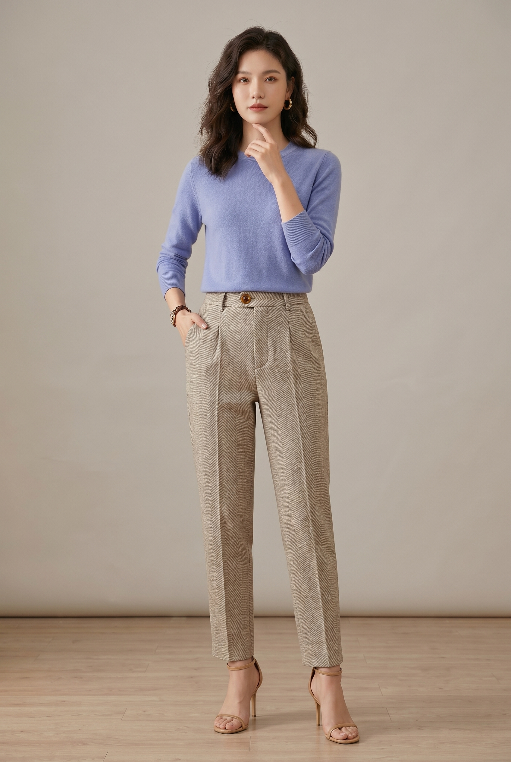 Women's High Waisted Herringbone Pleated Palazzo Pants