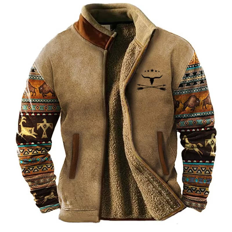 Fleece Jacket with Aztec Geometric Pattern and Stand Collar for Men