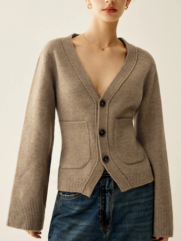 Button Front Knit Cardigan with Moderate Stretch and Hip Length Fit